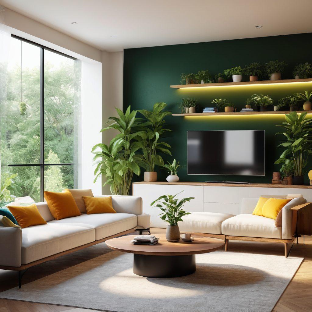 A futuristic living room showcasing innovative home interior designs, featuring smart furniture, eco-friendly materials, and vibrant colors. Incorporate elements like augmented reality interfaces and plants seamlessly integrated into the decor. The space should feel open and inviting, highlighting trends that promote comfort and sustainability. super-realistic. vibrant colors.