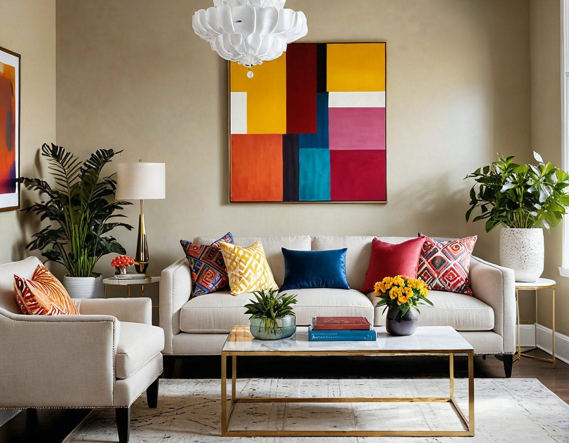 A stylish modern living room showcasing a blend of contemporary furnishings and decor trends, with an open space filled with natural light, featuring a cozy sofa, trendy accent chairs, a chic coffee table, and vibrant plants. Include elements like colorful wall art and cushions to reflect a personal touch. super-realistic. vibrant colors. bright atmosphere.